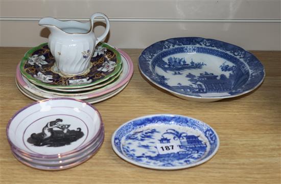 Ten pieces of 19th century pottery and porcelain to include Masons two Sunday School dishes etc